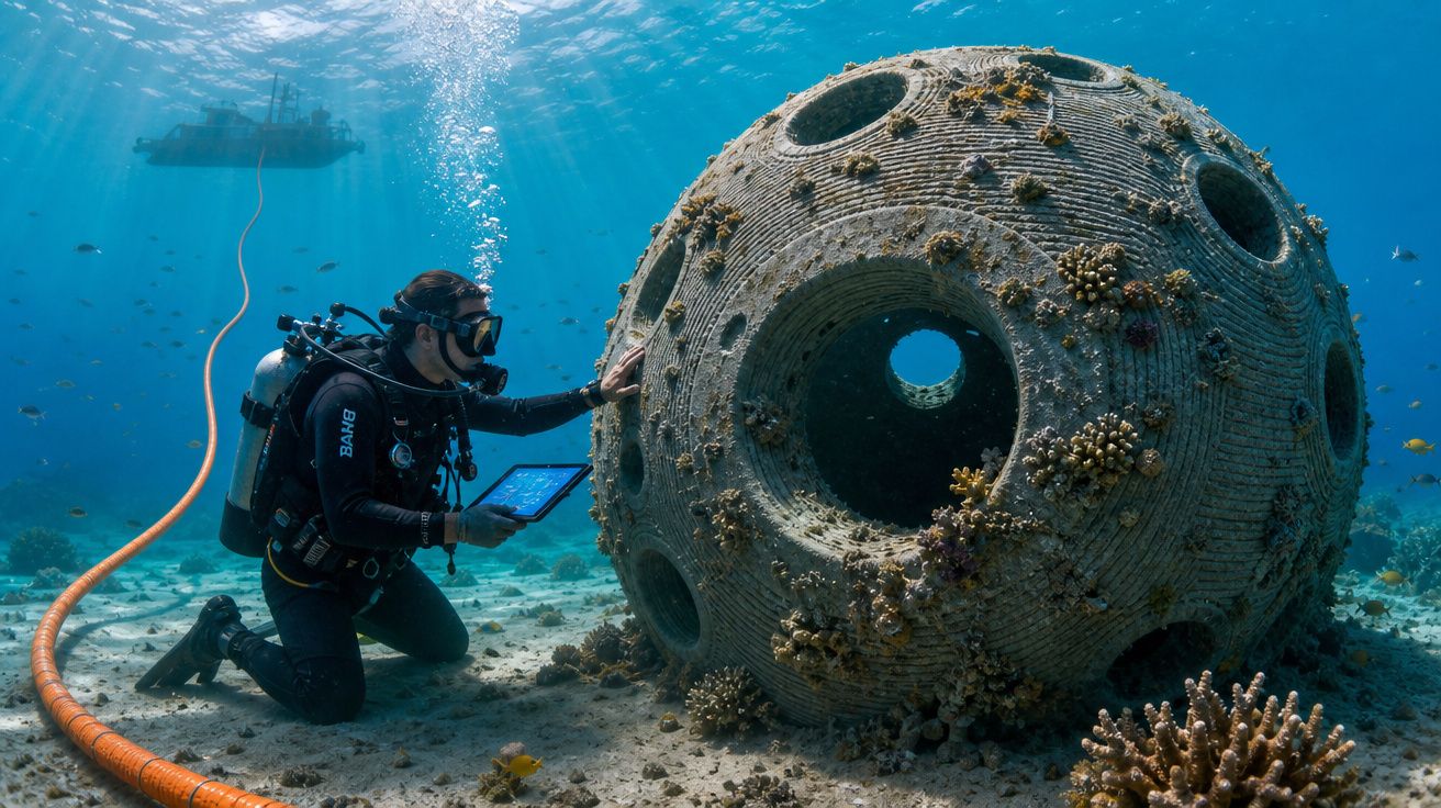 Mergulhador examina estrutura esférica submersa com corais e vida marinha ao redor no fundo do oceano.