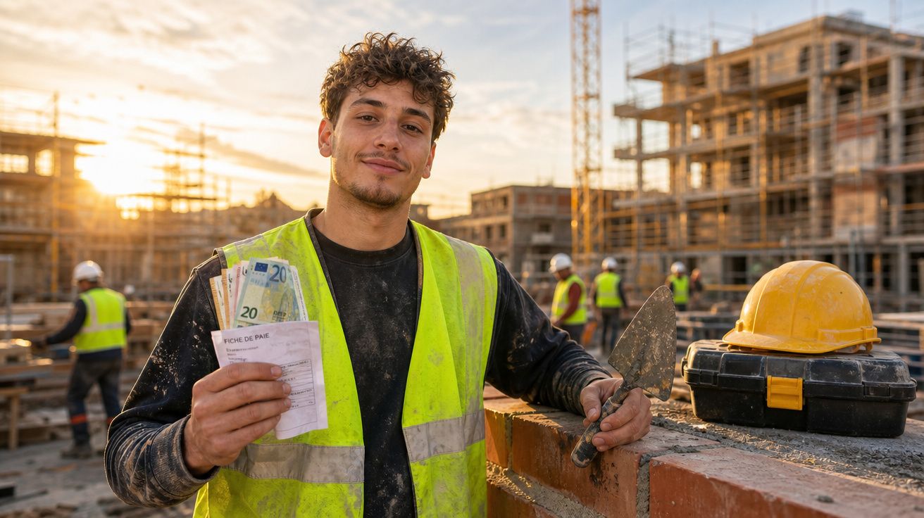 Homem com colete de segurança segurando dinheiro e holerite em canteiro de obras ao pôr do sol.