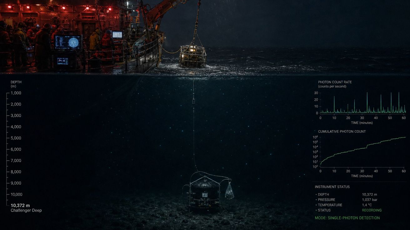 Navio à noite rebocando equipamento científico para o fundo do oceano a 10.372 metros de profundidade.