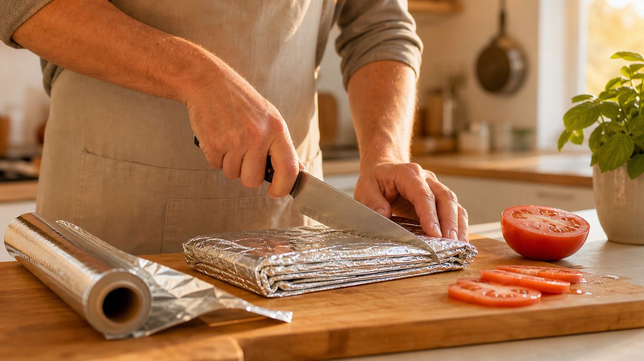 Pessoa cortando um pacote envolto em papel alumínio sobre tábua de madeira com tomates fatiados ao lado.