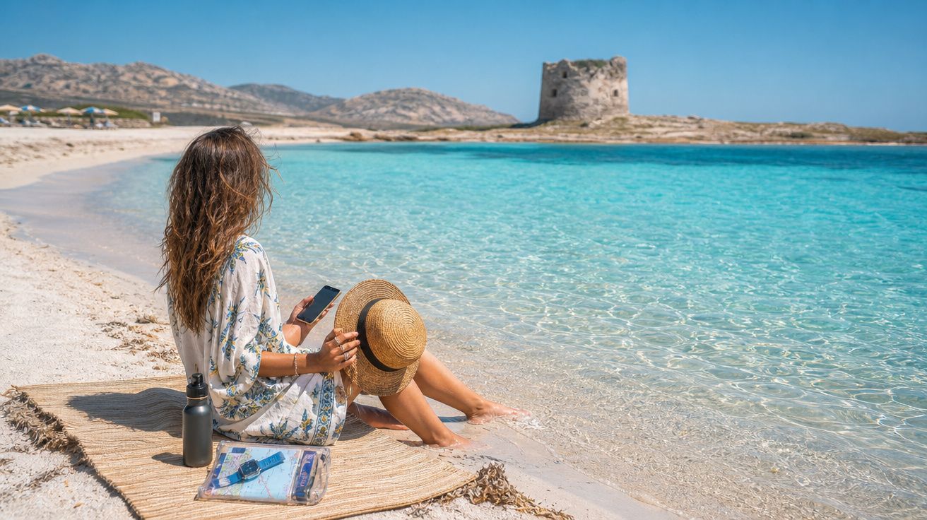 Mulher sentada na praia com chapéu na mão, olhando para o celular e mar azul com torre antiga à frente.