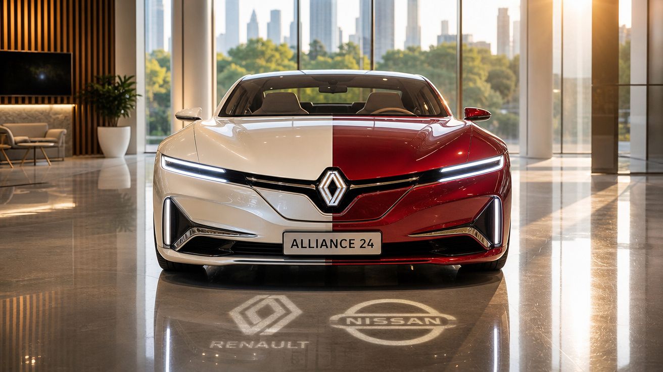 Carro conceito Renault Nissan Alliance 24 com pintura dividida branca e vermelha em showroom iluminado.