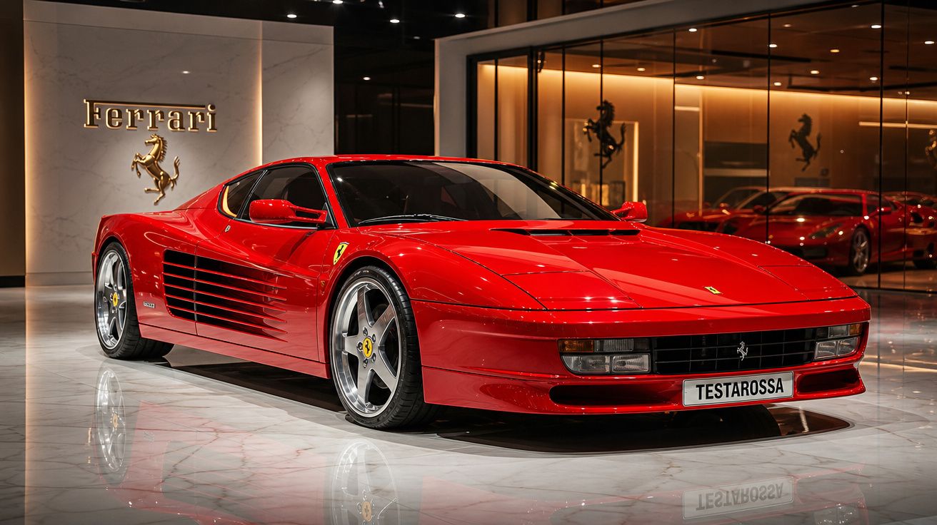 Carro esportivo Ferrari Testarossa vermelho em showroom elegante com piso de mármore e iluminação quente.