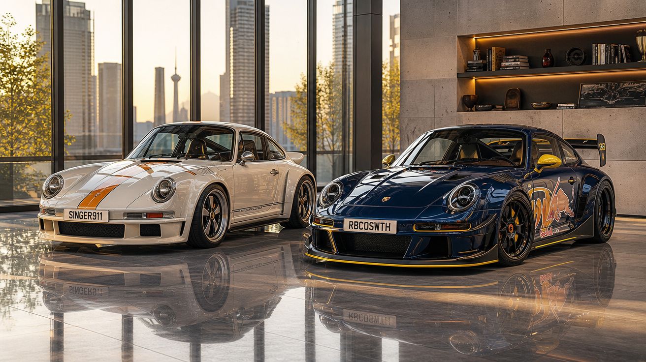 Dois carros Porsche clássicos, um branco e outro azul, em um ambiente interno com janelas amplas e vista urbana.