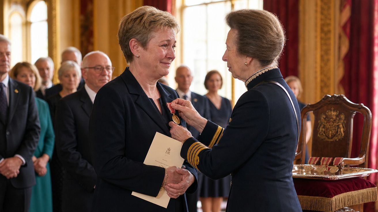 Mulher recebe medalha de honra das mãos de outra mulher em cerimônia formal com público ao fundo.