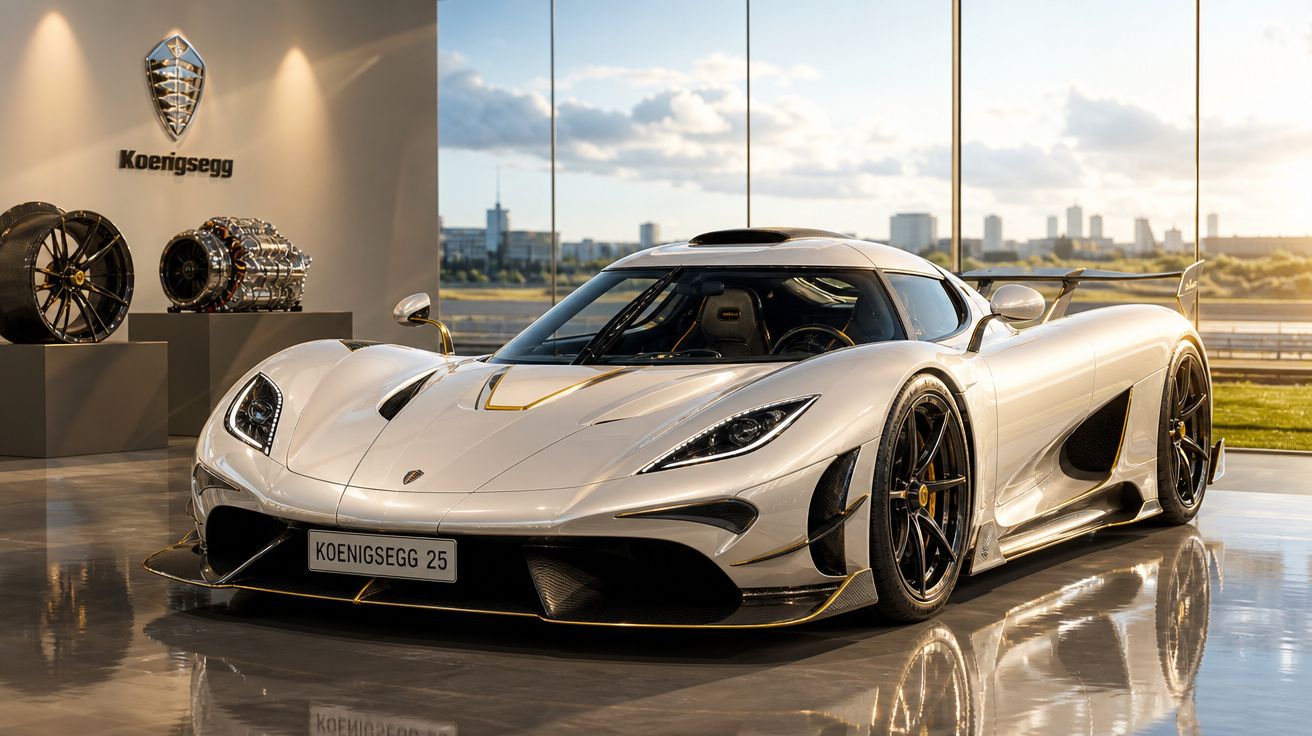 Carro esportivo branco Koenigsegg exposto em showroom com motor e rodas ao fundo.