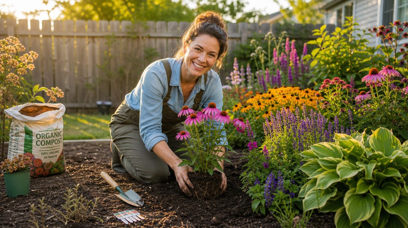 Mulher sorridente plantando flor roxa em jardim com várias plantas e saco de composto orgânico ao lado.