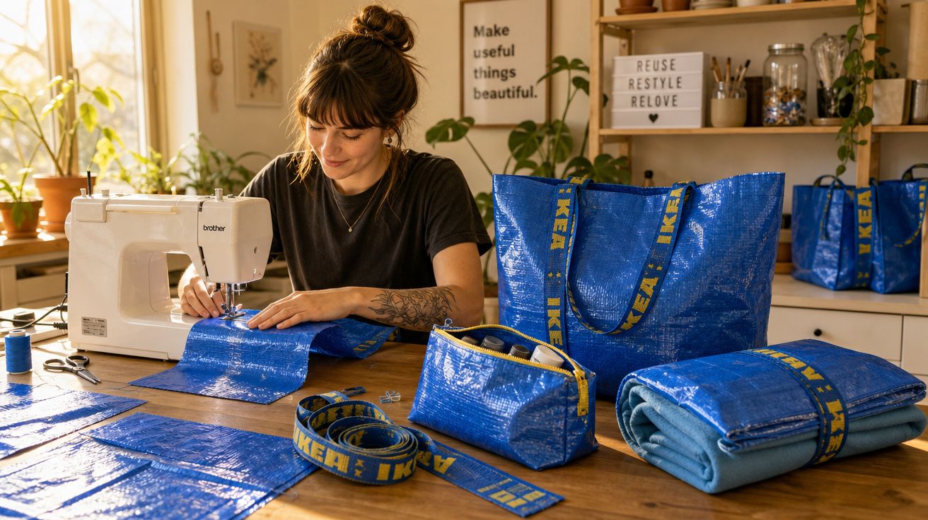 Mulher costurando tecido azul reciclado em máquina, cercada por bolsas e acessório IKEA em ambiente iluminado.