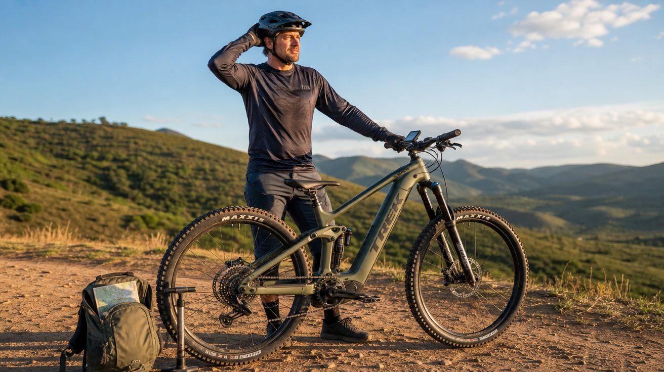 Homem com capacete ao lado de bicicleta mountain bike em trilha com vista para morros ao entardecer.