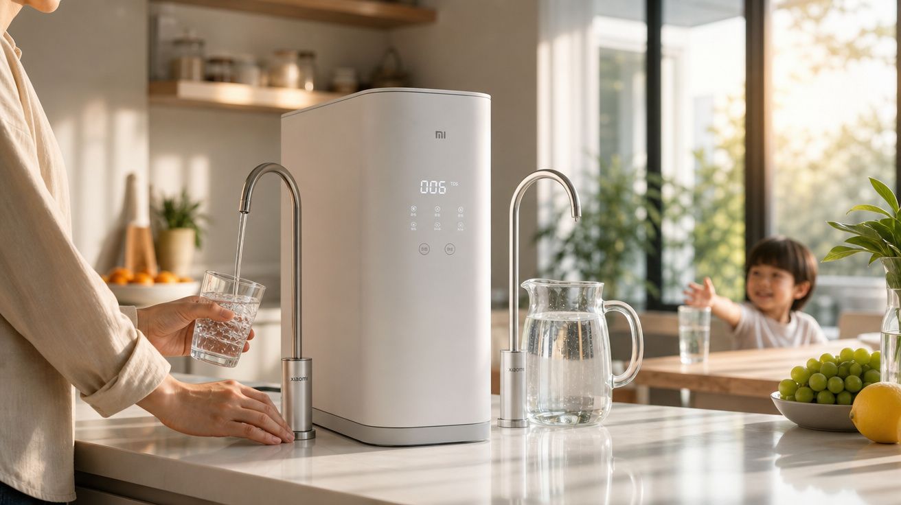 Pessoa servindo água filtrada em copo na cozinha com máquina de purificação e criança ao fundo sorrindo.
