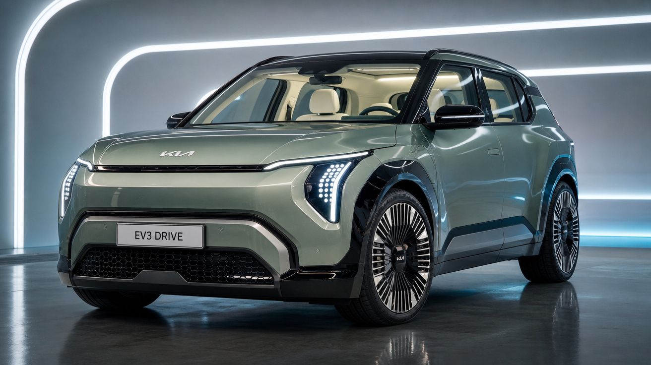 Carro elétrico Kia EV3 Drive cinza exibido em estúdio com iluminação moderna em LED.