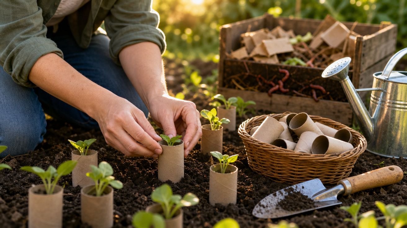 Pessoa transplantando mudas em vasos feitos com papelão no solo de um jardim.