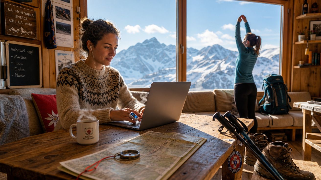 Mulher usando laptop em cabana com vista para montanhas nevadas, outra mulher alongando-se perto da janela.