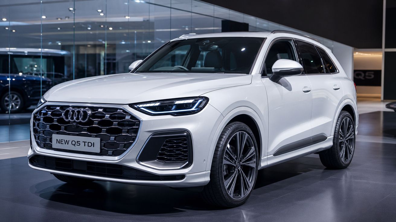 Carro SUV Audi Q5 branco exposto em showroom com iluminação moderna e piso cinza.