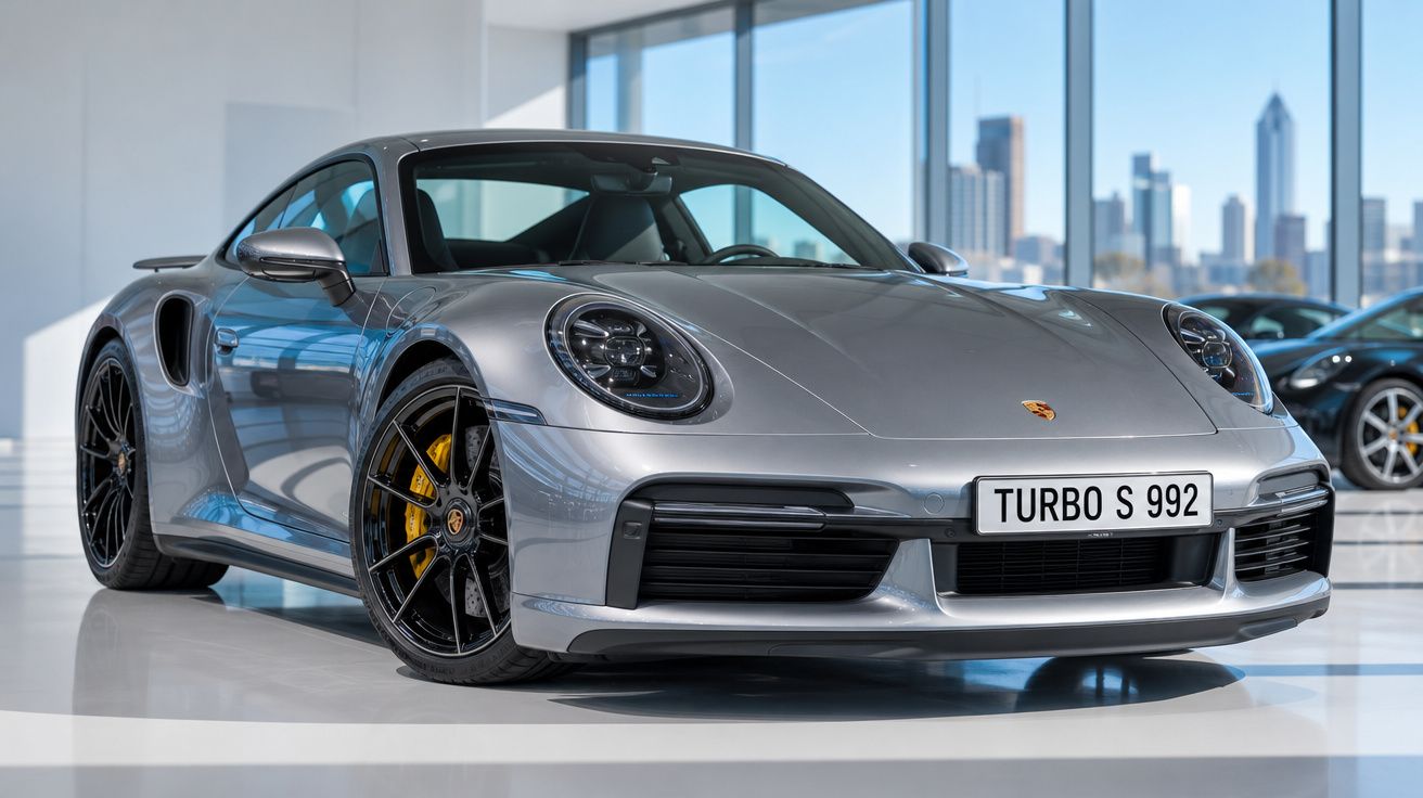 Carro esportivo Porsche Turbo S 992 cinza em showroom moderno com cidade ao fundo.