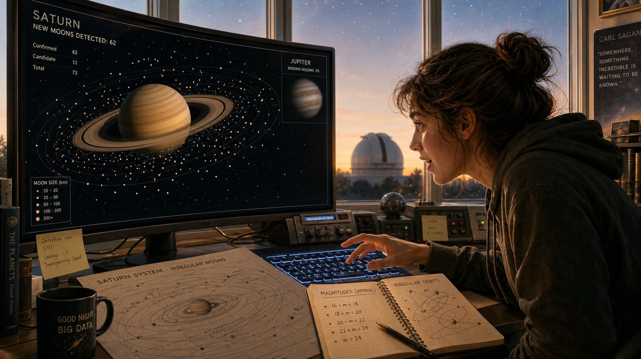 Mulher analisa dados de luas de Saturno em computador em ambiente de observatório astronômico ao entardecer.