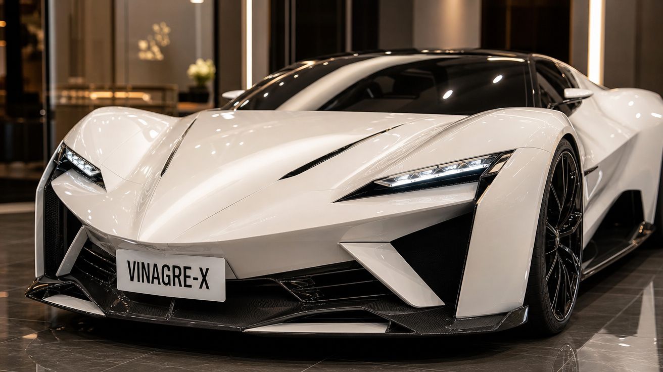 Carro esportivo branco futurista com faróis LED acesos e placa personalizada "VINAGRE-X" em showroom.