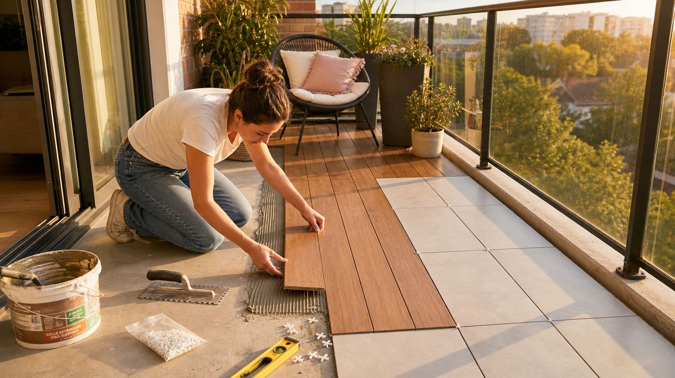 Mulher instala piso de madeira sobre porcelanato em varanda ensolarada com plantas e vista urbana.