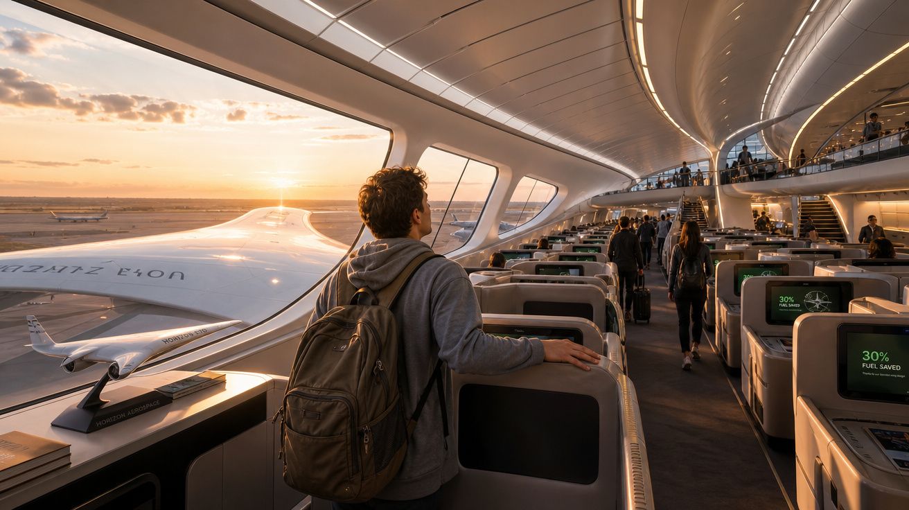 Homem com mochila observa avião através da janela em aeroporto moderno ao pôr do sol.