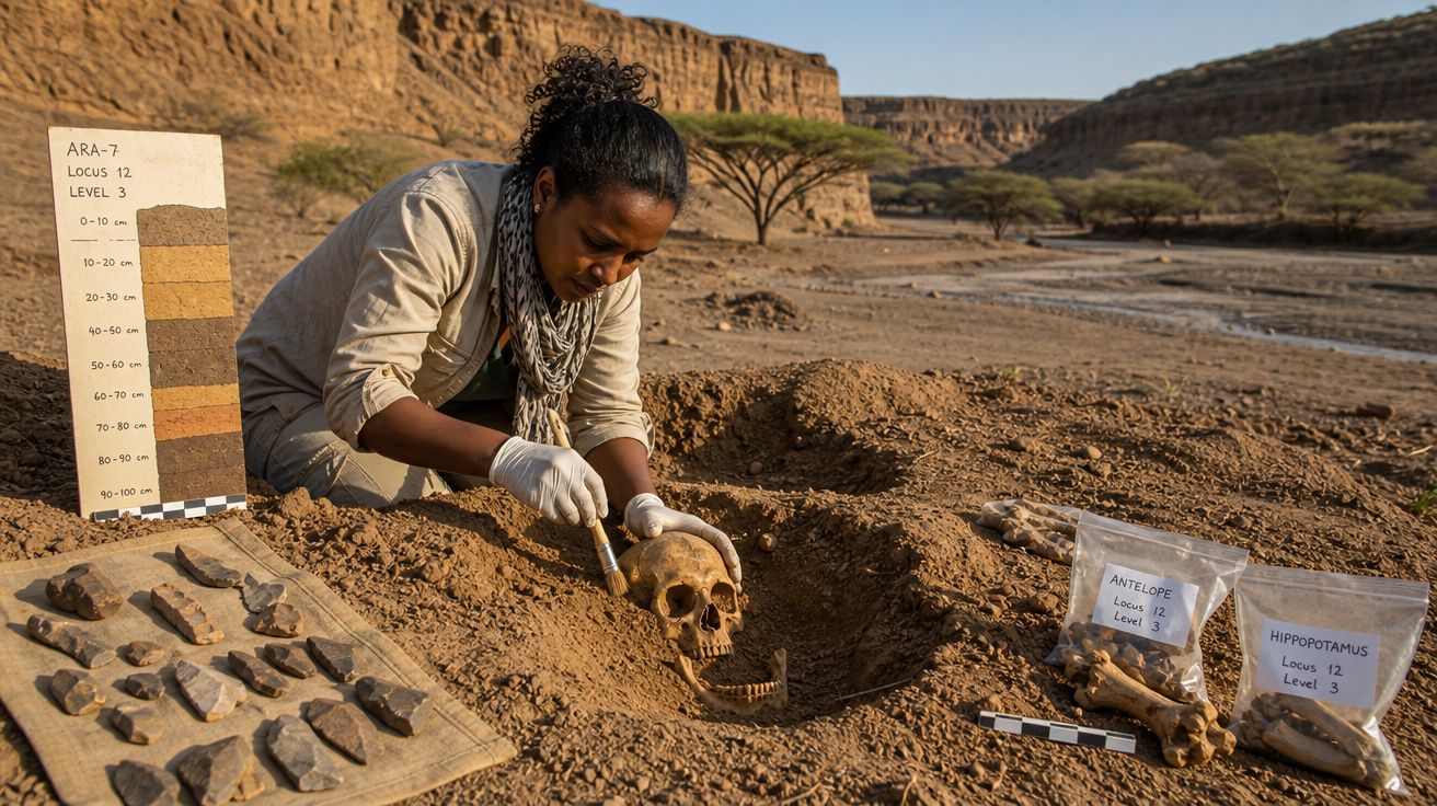 Mulher arqueóloga escavando crânio humano em sítio arqueológico seco com ossos e ferramentas ao redor.
