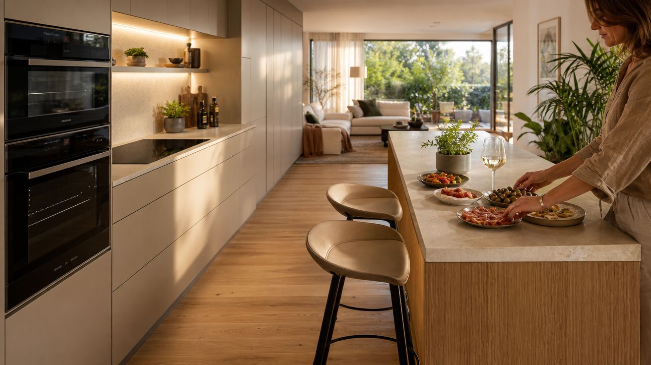 Cozinha moderna com ilha, luz natural, decoração com plantas e mulher arrumando petiscos na bancada.