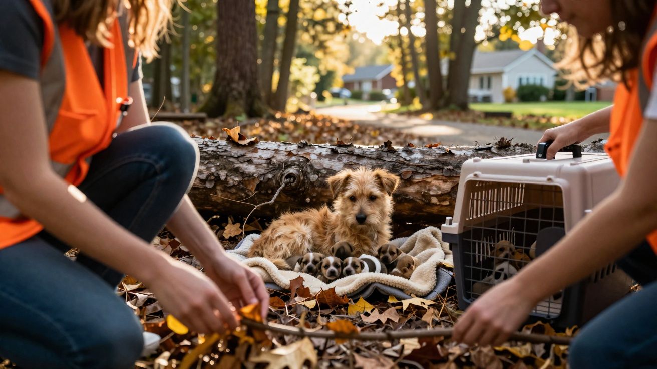 Cachorra com filhotes em cobertor no chão com folhas secas, ao lado de duas pessoas com coletes laranja.