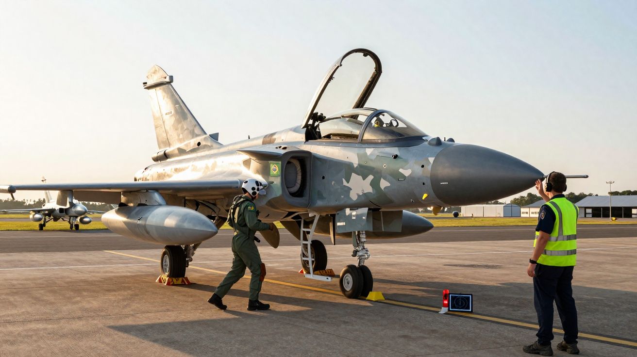 Caça militar brasileiro no solo com piloto e técnico em área de voo durante revista pré-decolagem.