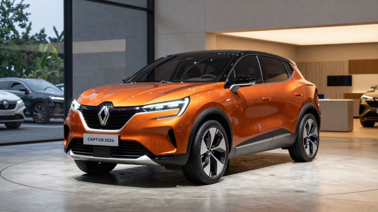 SUV Renault Captur 2024 laranja exibido em showroom moderno com iluminação suave.