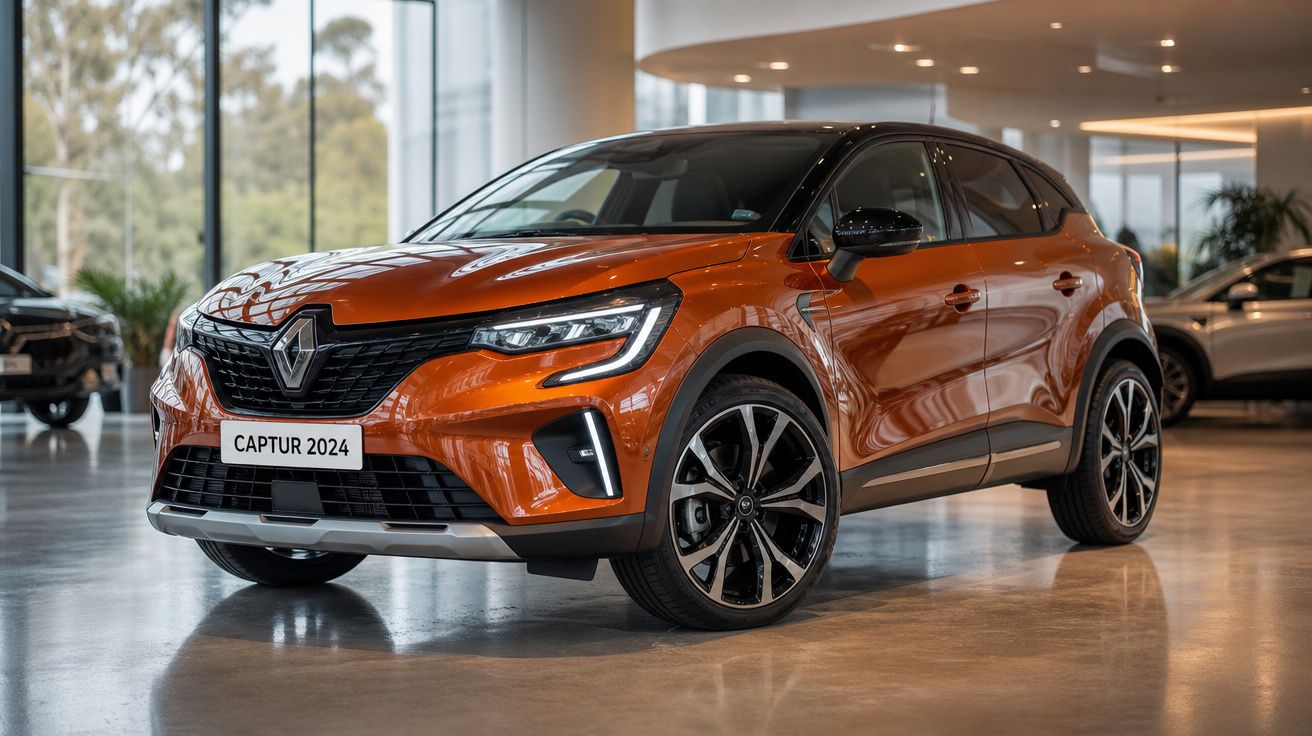SUV Renault Captur 2024 na cor laranja metálico exibido em showroom moderno e iluminado.