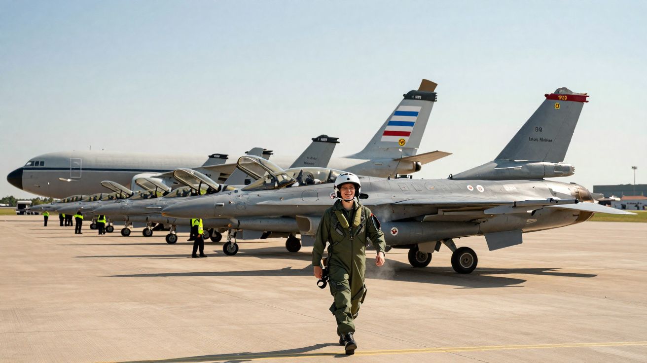 Piloto militar caminha em pista com fileira de caças e avião de transporte ao fundo em dia claro.