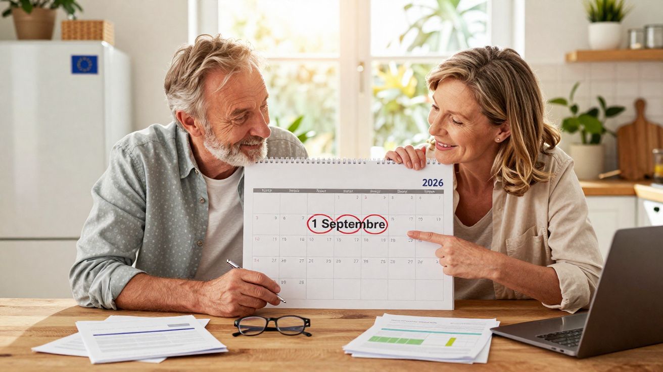 Casal sênior sorrindo mostra calendário marcando o dia 1 de setembro de 2026 em cozinha iluminada.