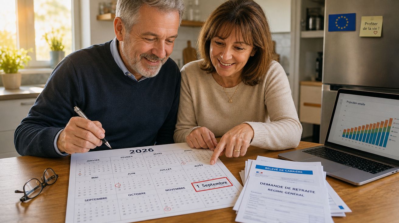 Casal analisando calendário de 2026 e documentos financeiros em mesa de madeira iluminada.
