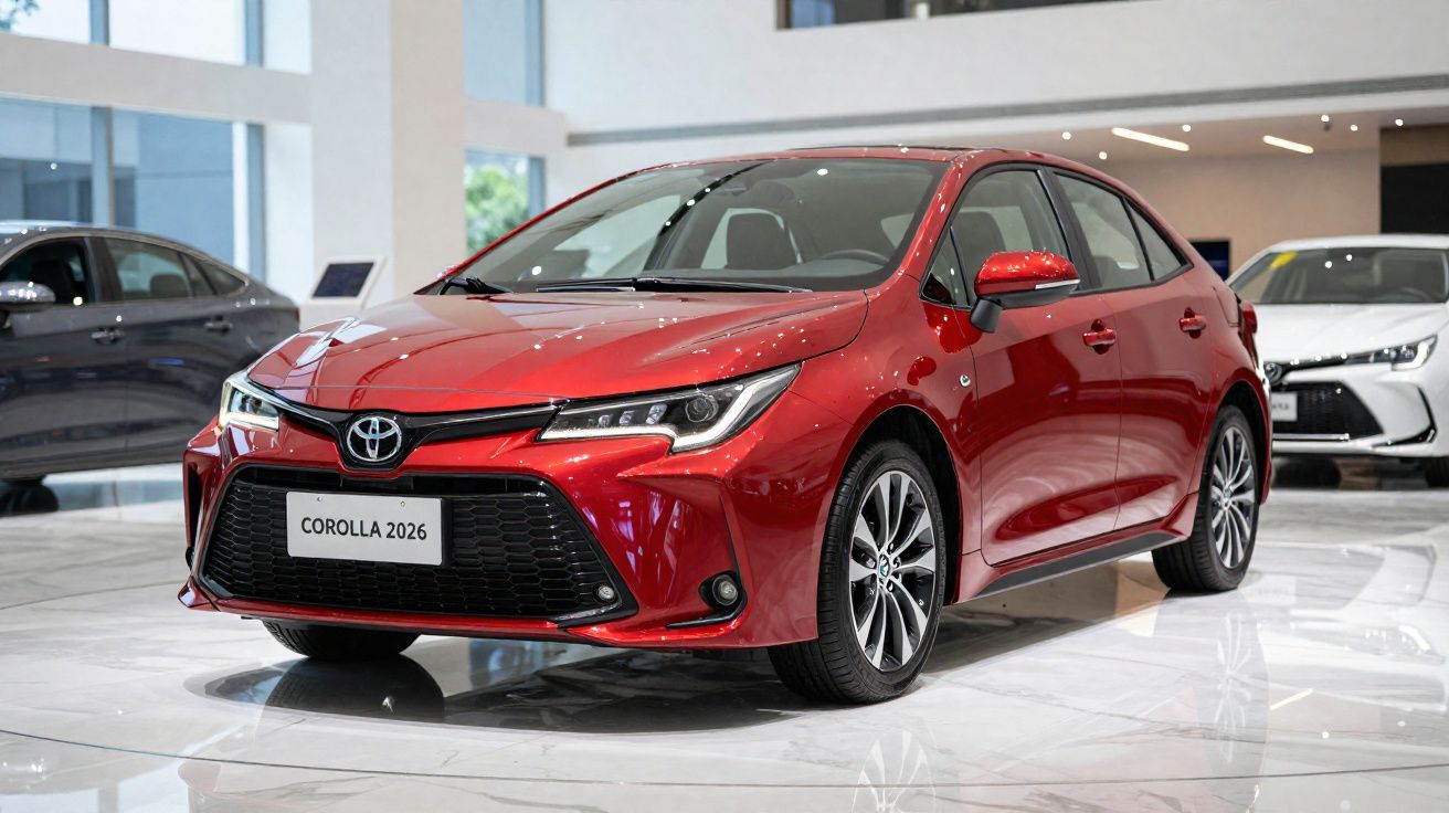 Carro Toyota Corolla 2026 vermelho em exposição dentro de showroom moderno e iluminado.