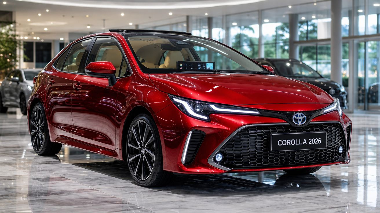Carro Toyota Corolla 2026 vermelho em exposição em showroom com chão de mármore.