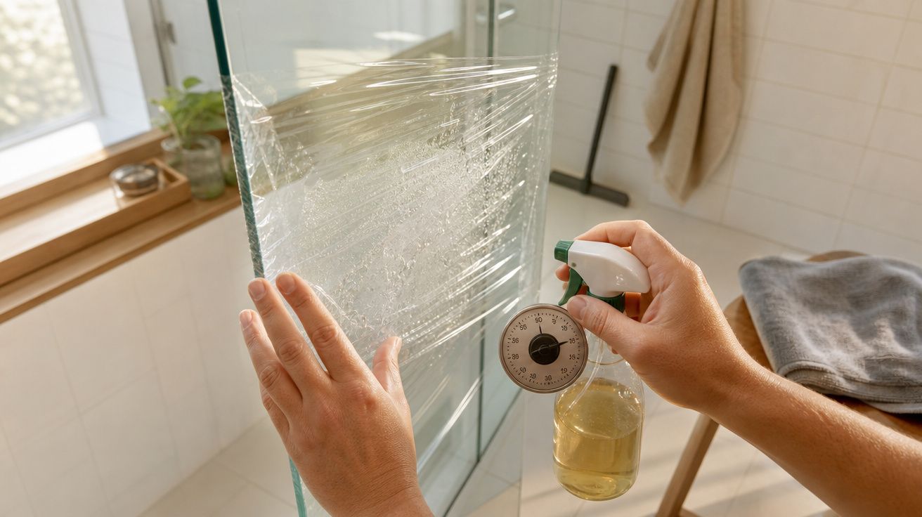 Mãos aplicando produto de limpeza em vidro de box de banheiro para remover sujeira e manchas.