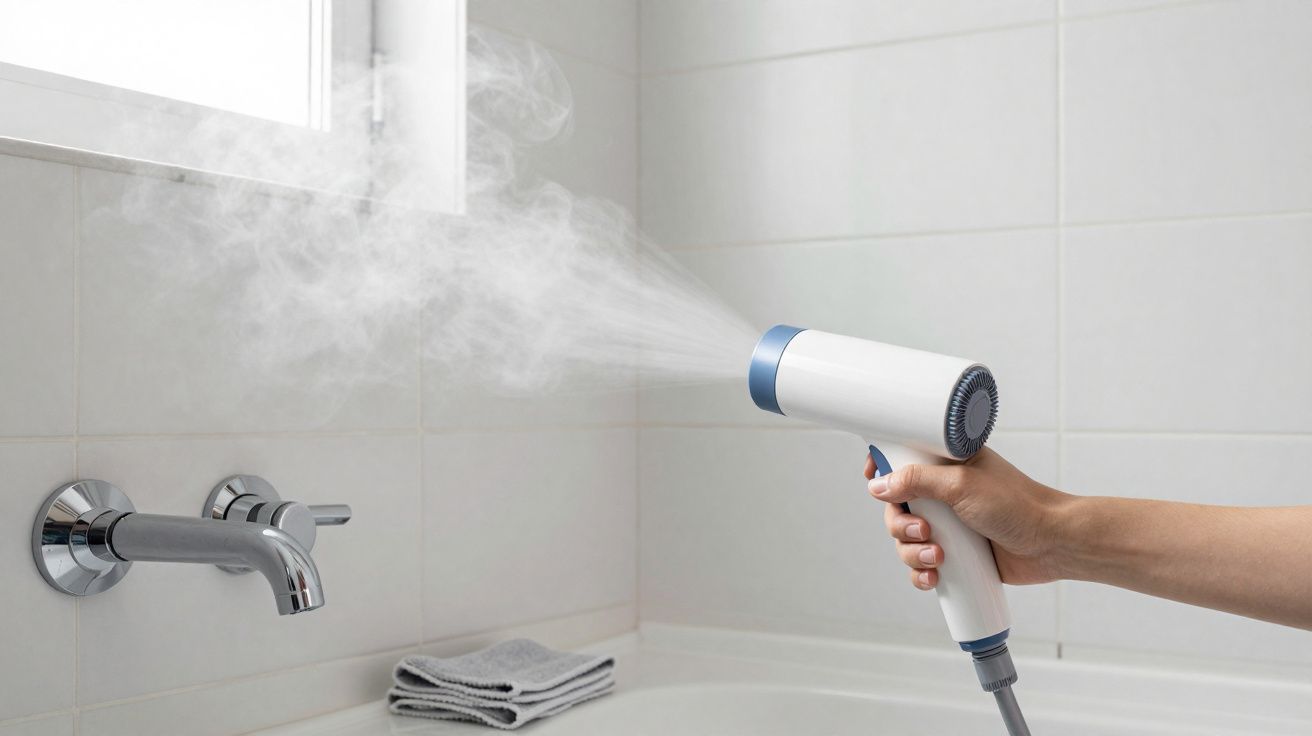 Mão segurando secador de cabelo branco emitindo vapor próximo a pia de banheiro com toalha cinza.