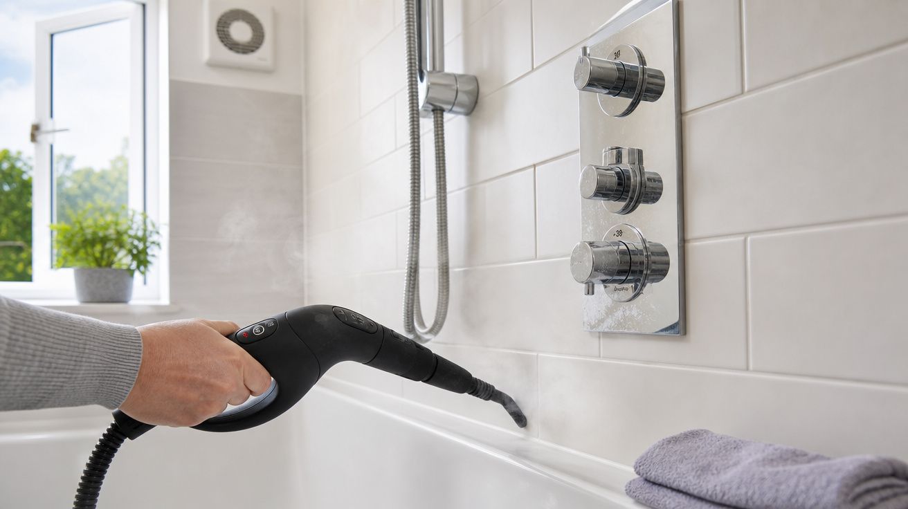 Pessoa usando limpador a vapor preto para limpar azulejos brancos em banheiro moderno com toalha lilás.