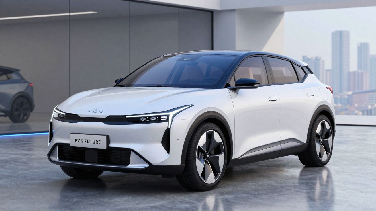 Carro elétrico branco futurista Kia EV4 Future estacionado em área urbana moderna com prédios ao fundo.