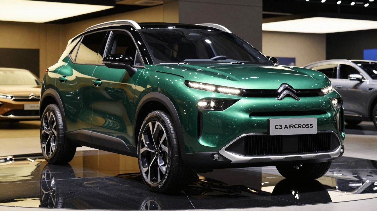 SUV Citroën C3 Aircross verde exibido em estande de showroom com iluminação destacada.