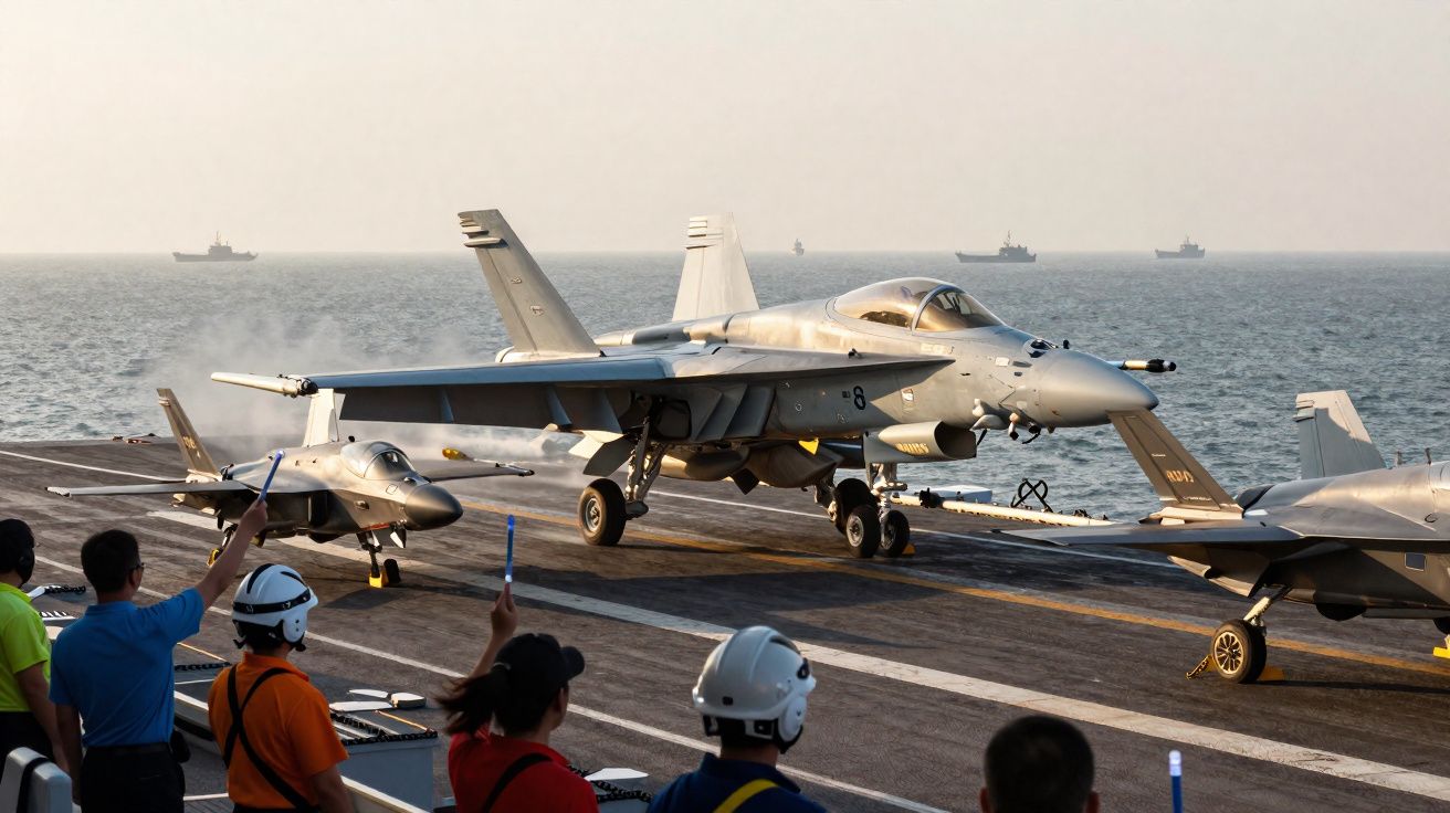 Caça F/A-18 pousando em porta-aviões com equipe de sinalização no convés e navios no horizonte marítimo.