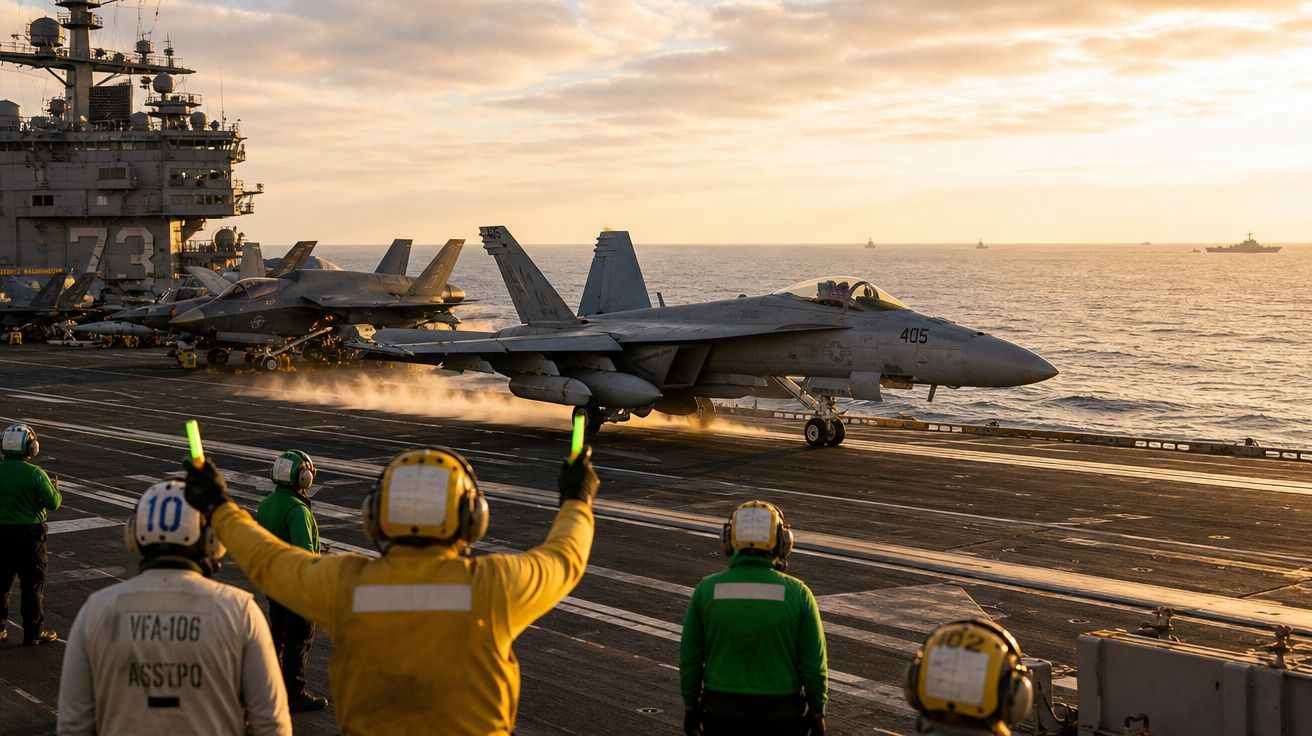 Caça F-18 decola do convés de porta-aviões com equipe naval sinalizando ao pôr do sol no mar.