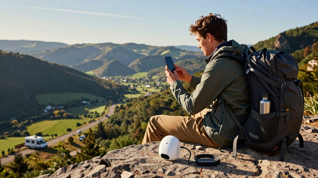 Homem com mochila sentado em pedra vendo celular, com vista para vale e montanhas ao fundo.