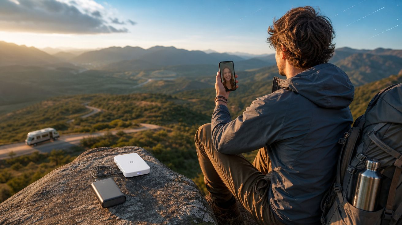 Jovem sentado em pedra faz videochamada com paisagem montanhosa ao pôr do sol ao fundo.