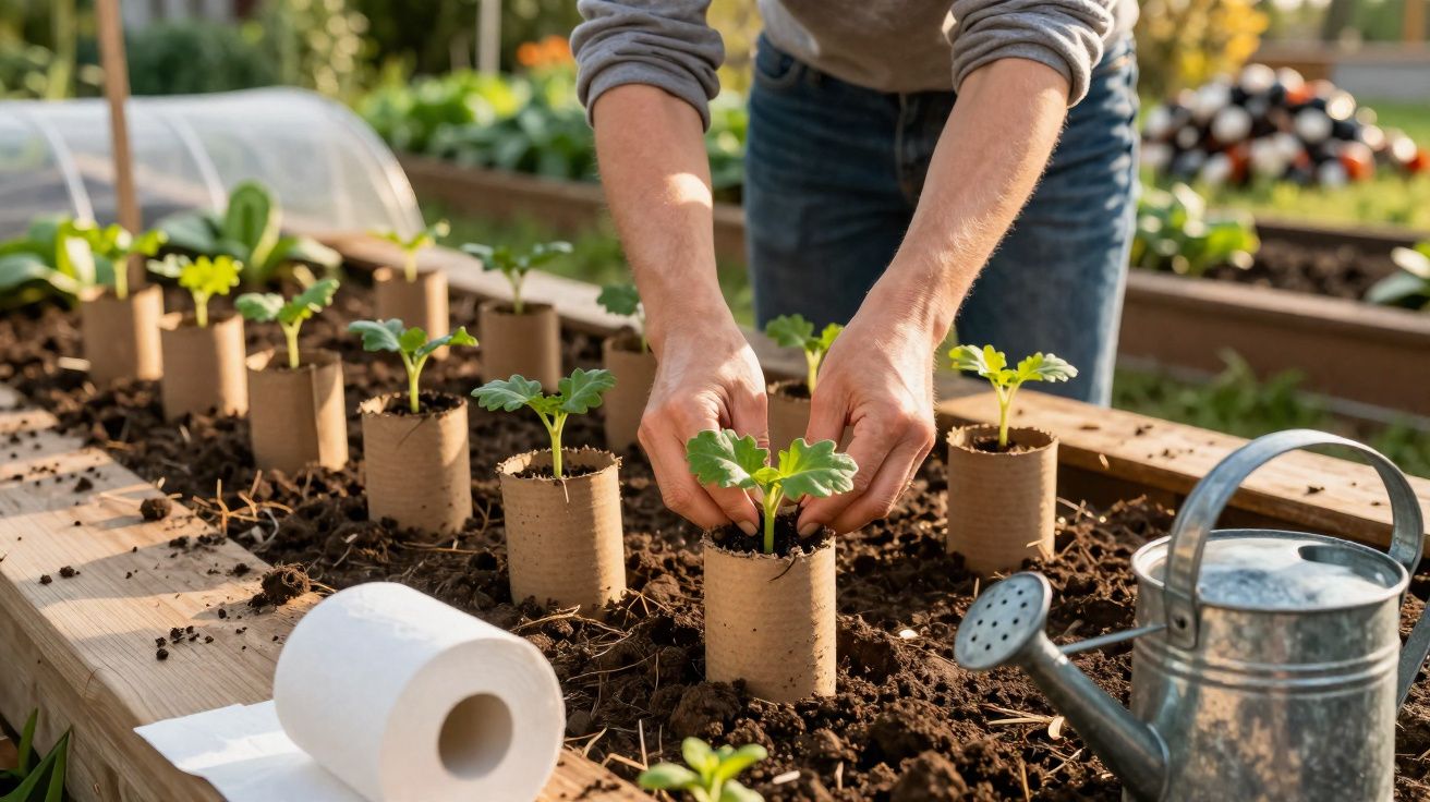 Pessoa transplantando mudas em horta com regador metálico e cilindros de papelão na terra.