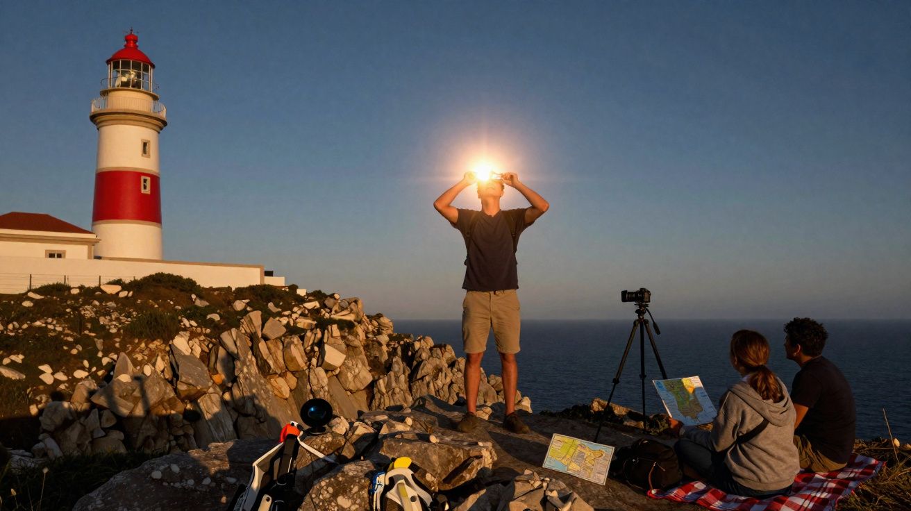 Homem em pé com lanterna na testa, casal olhando mapas sentado em pedra perto de farol ao entardecer.