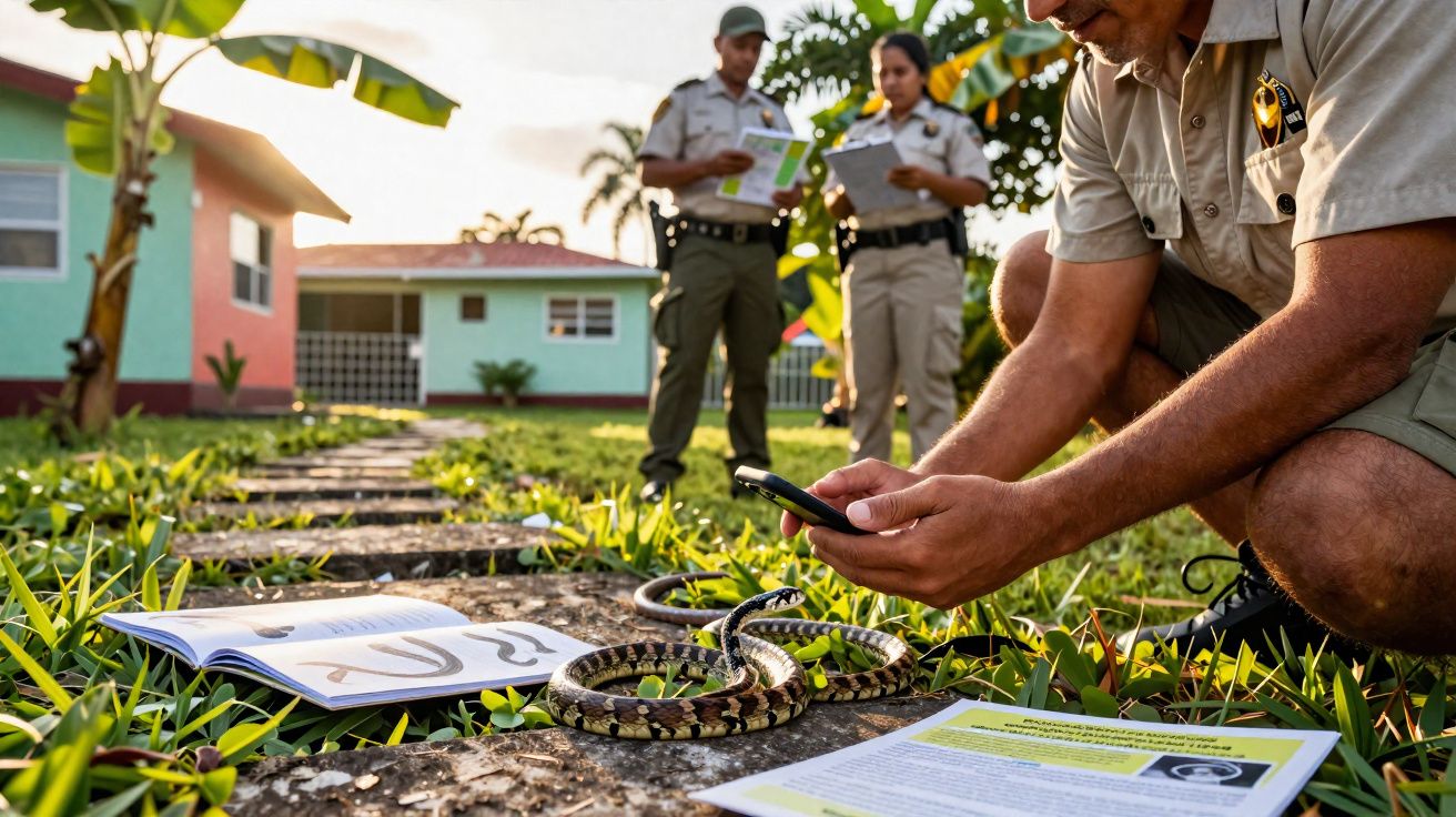 Homem agachado fotografando cobra no jardim com dois policiais ao fundo avaliando documentos.