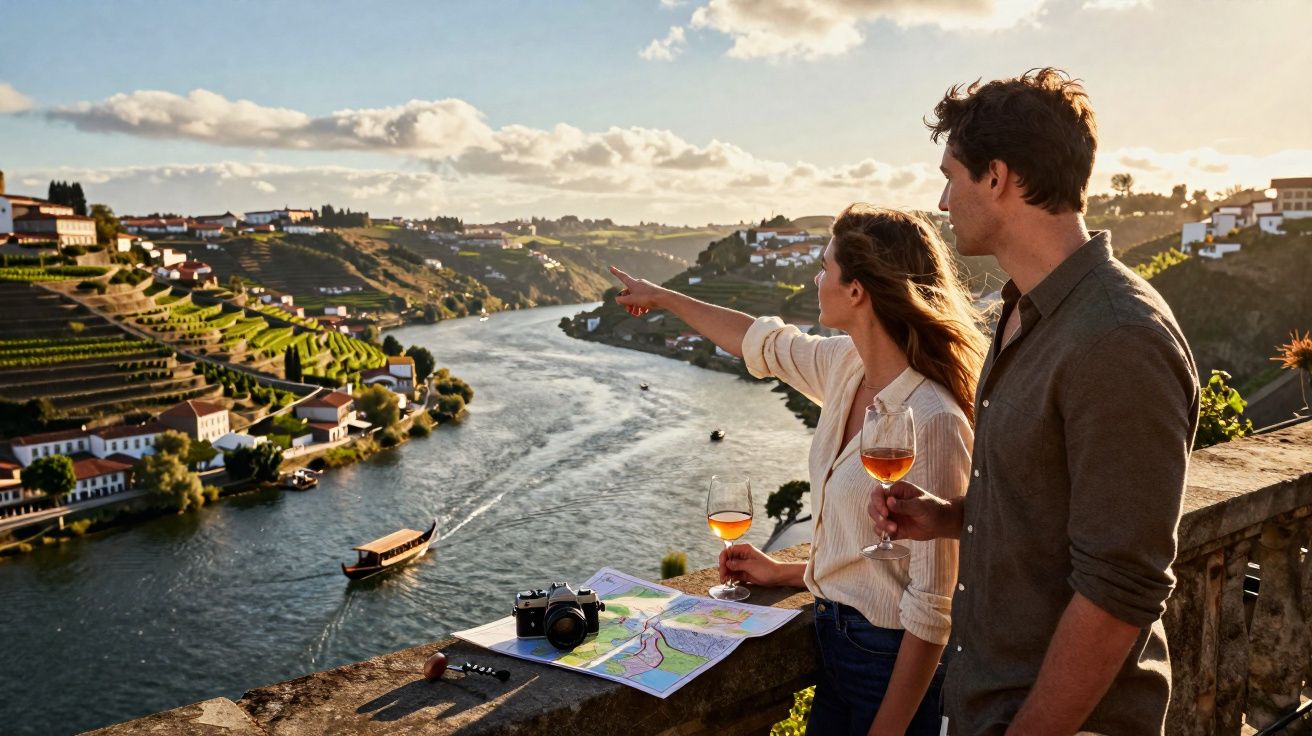 Casal observando o rio e as vinhas ao pôr do sol, com taças de vinho e mapa sobre muro.