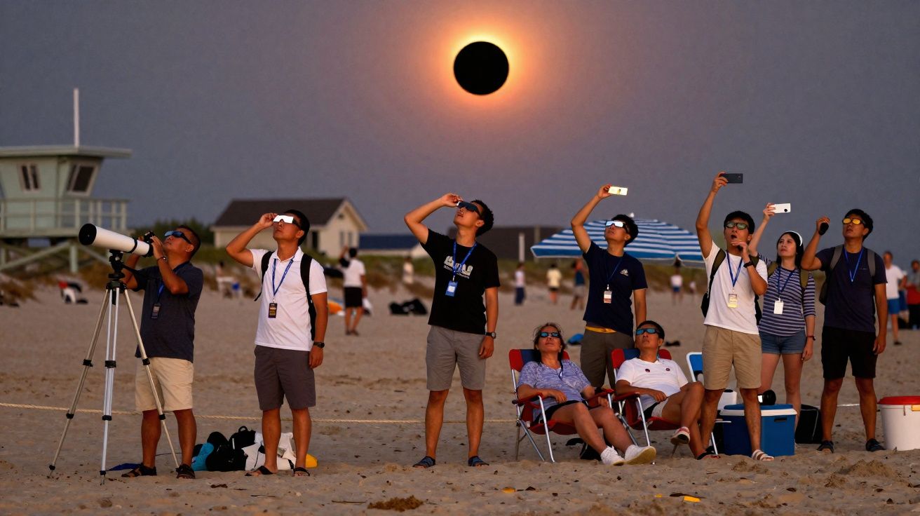 Pessoas na praia observando e fotografando eclipse solar total com óculos especiais e telescópio.