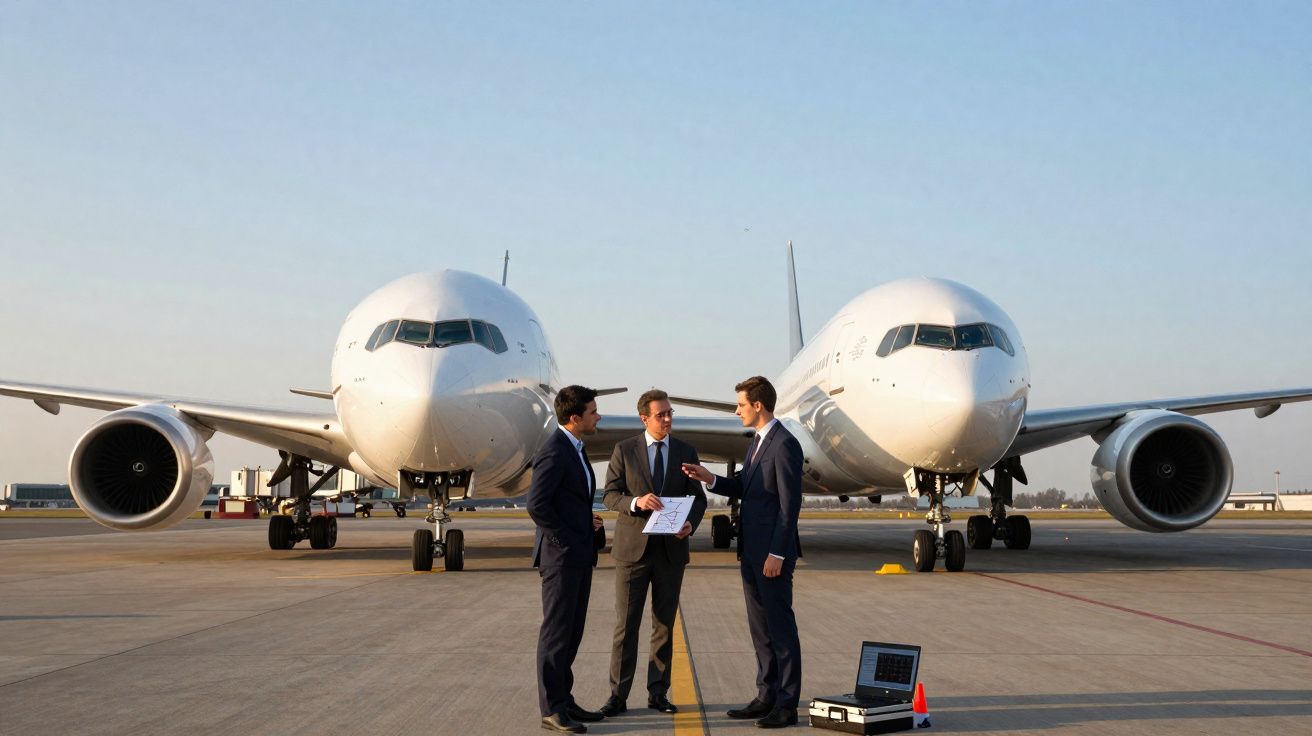 Três homens em terno conversam em pista de aeroporto diante de dois aviões estacionados lado a lado.