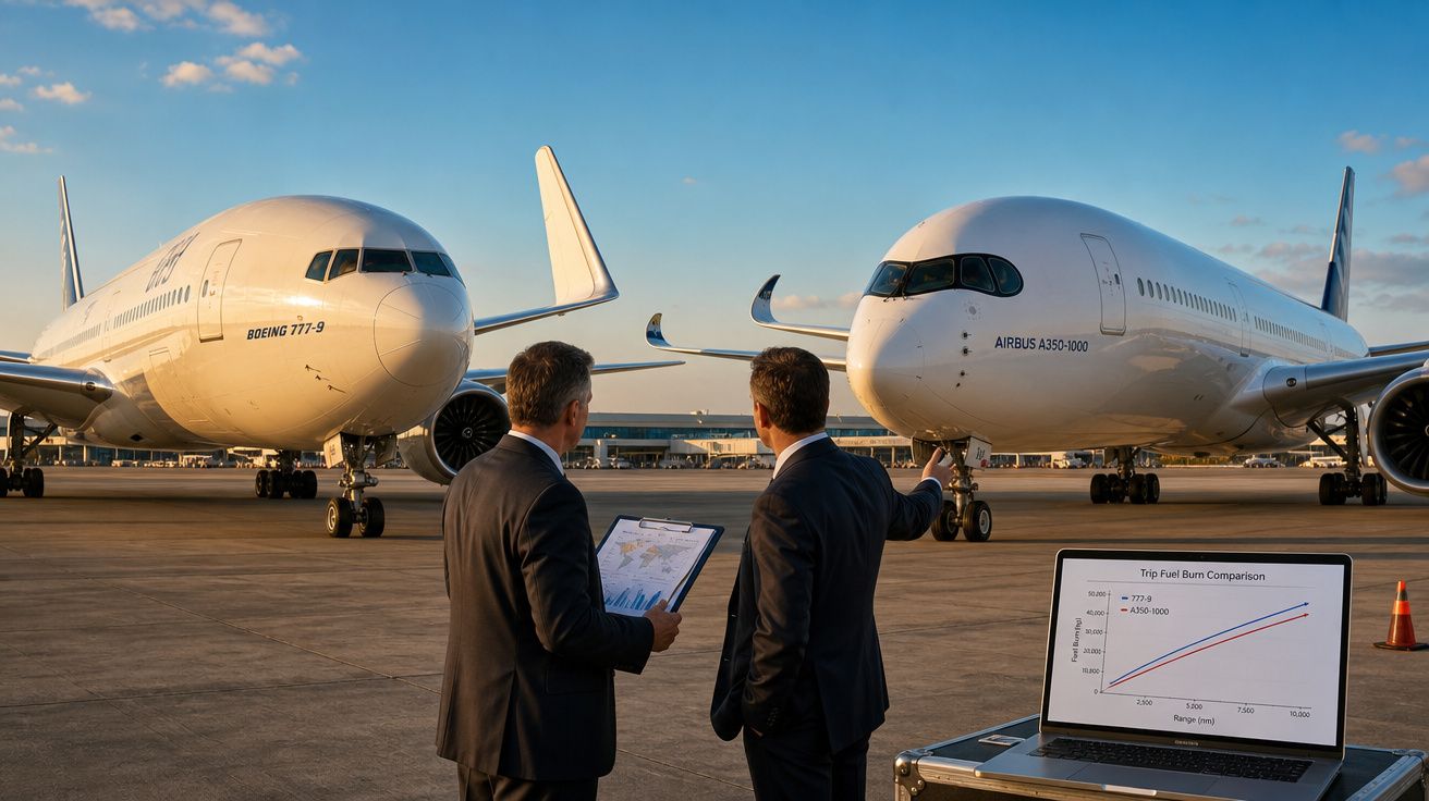 Dois homens de terno analisando um Boeing 777-9 e um Airbus A350-1000 no aeroporto ao pôr do sol.